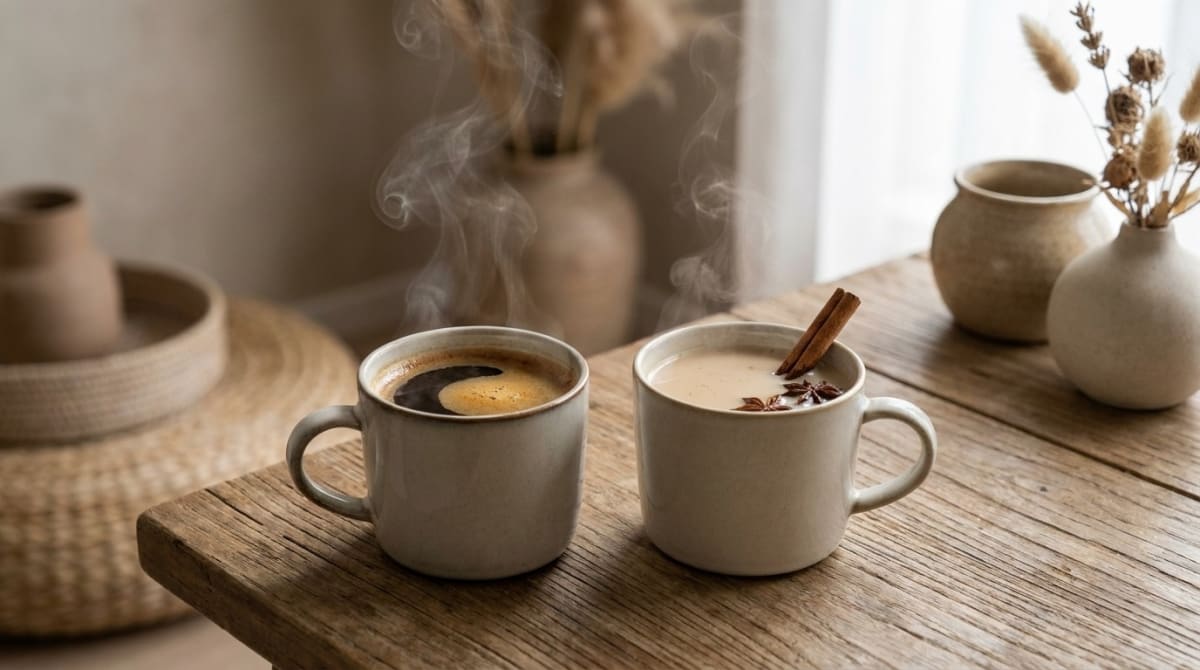 Two steaming mugs side by side, one resembling coffee and one resembling chai tea