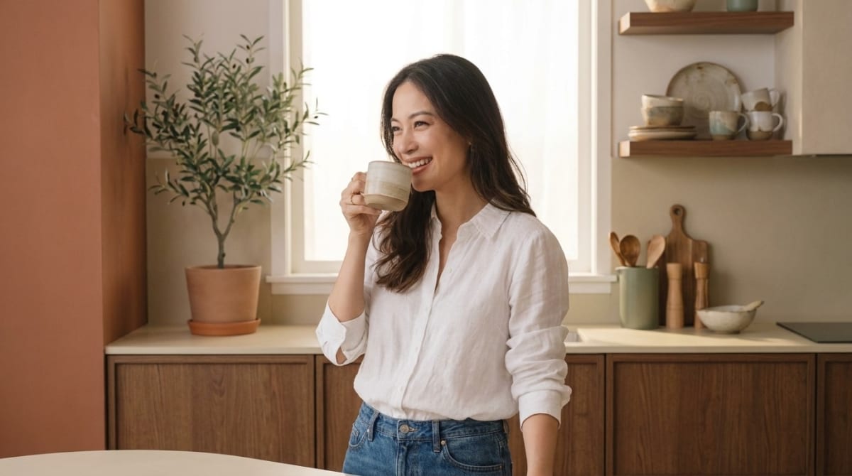 A person happily sipping from a mug in a modern kitchen