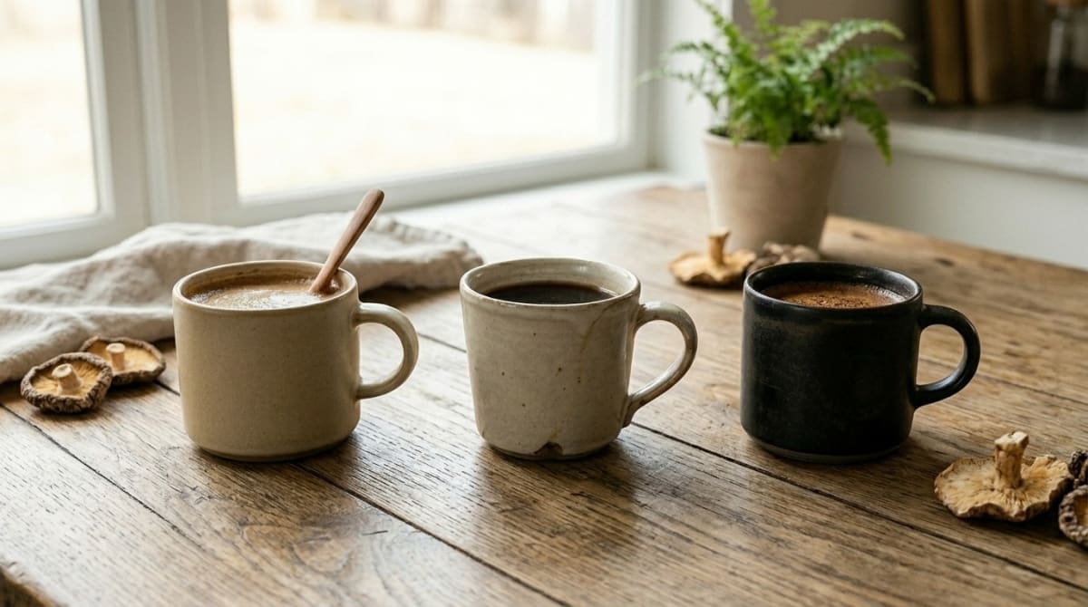 Three mushroom coffee blends being mixed in clear glass mugs showing dissolution speed differences