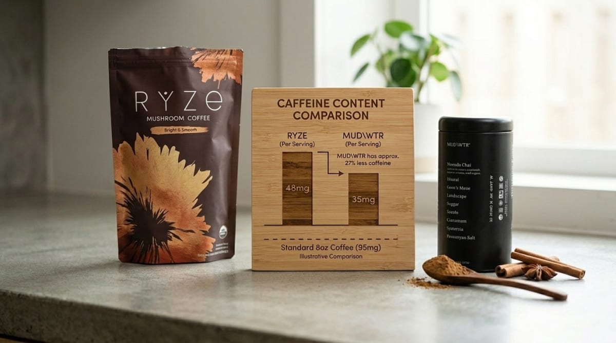 A chart comparing the caffeine content of Mud Wtr and Ryze mushroom coffee alternatives
