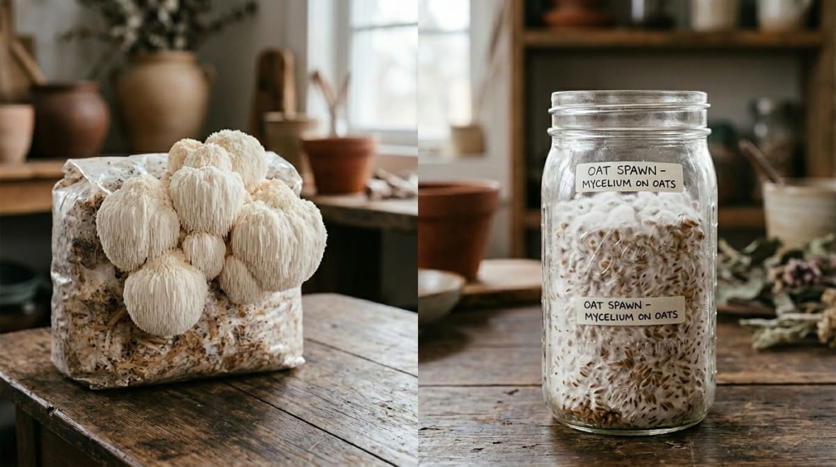 Two piles of mushroom supplement powder side by side showing the color and texture difference between concentrated fruiting body extract and unextracted mycelium powder