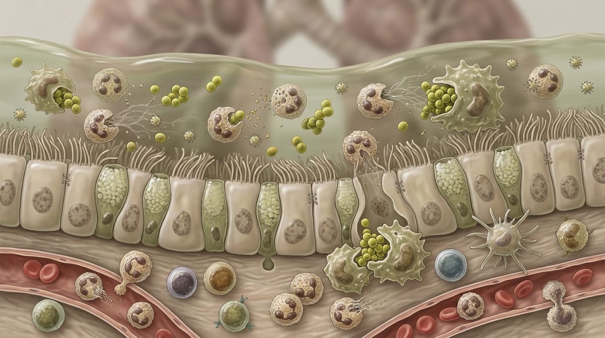 Scientific illustration showing beta-glucans binding to immune cells and white blood cells at a cellular barrier