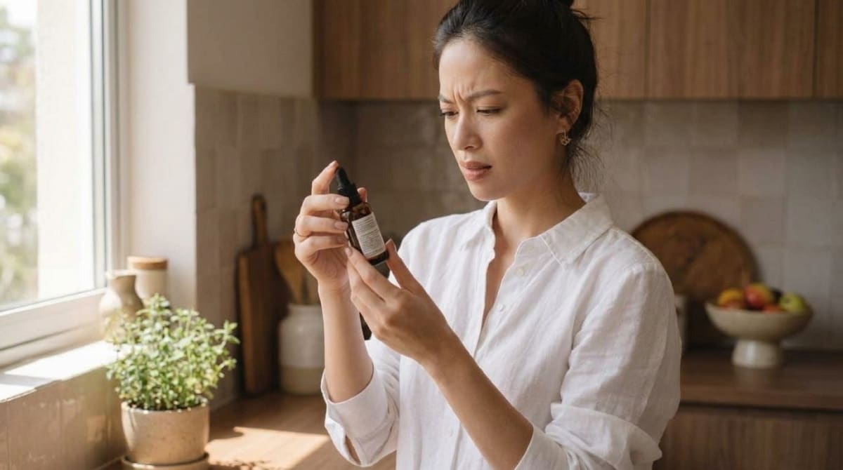 A person reading a mushroom tincture bottle label with a concerned look