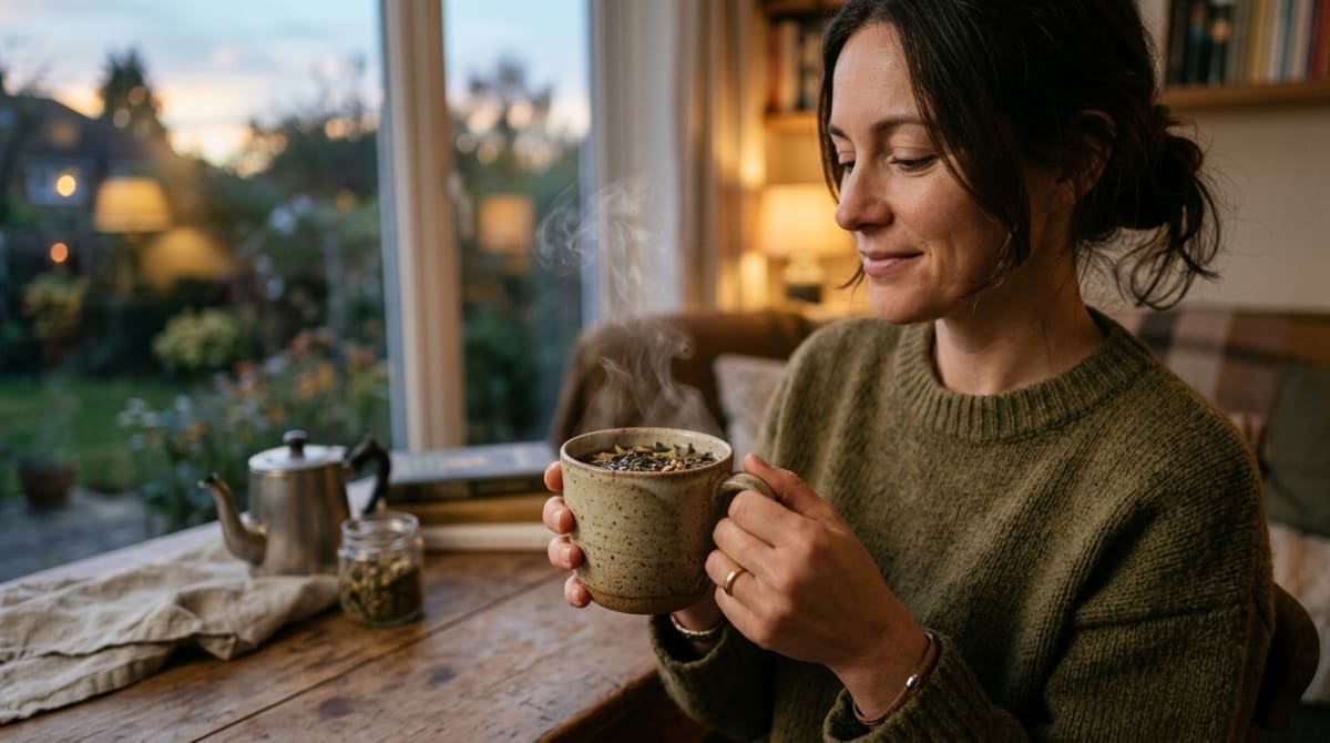 Steaming cup of herbal tea held in both hands in soft evening light