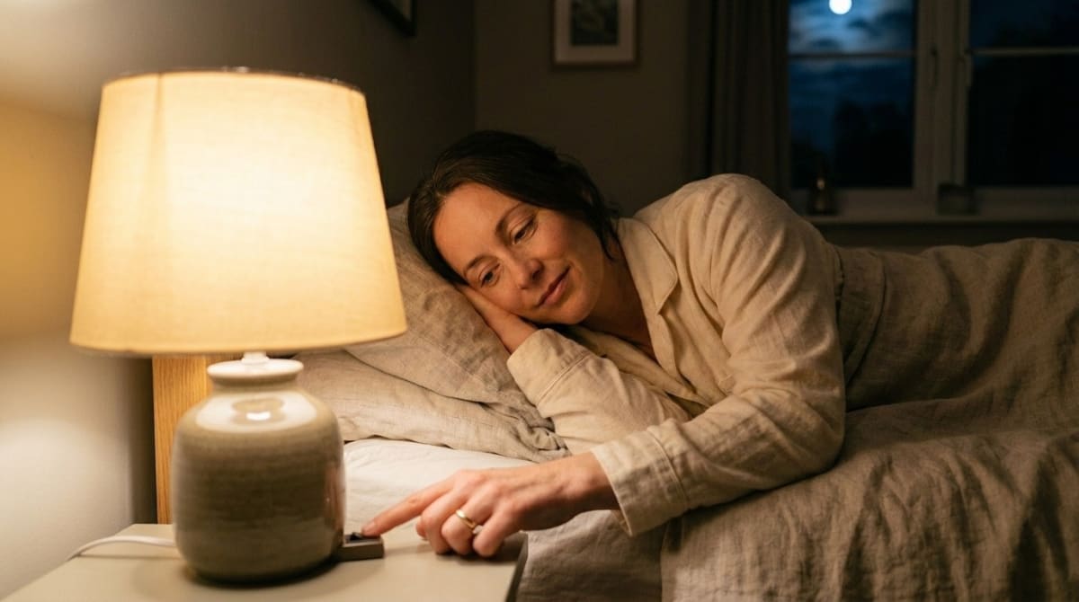 A bedside lamp being switched off before sleep