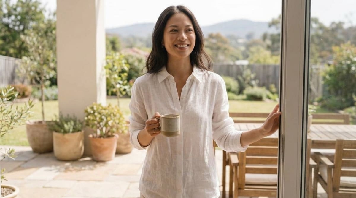 Bright morning scene with a person starting their day with water and mushroom gummies