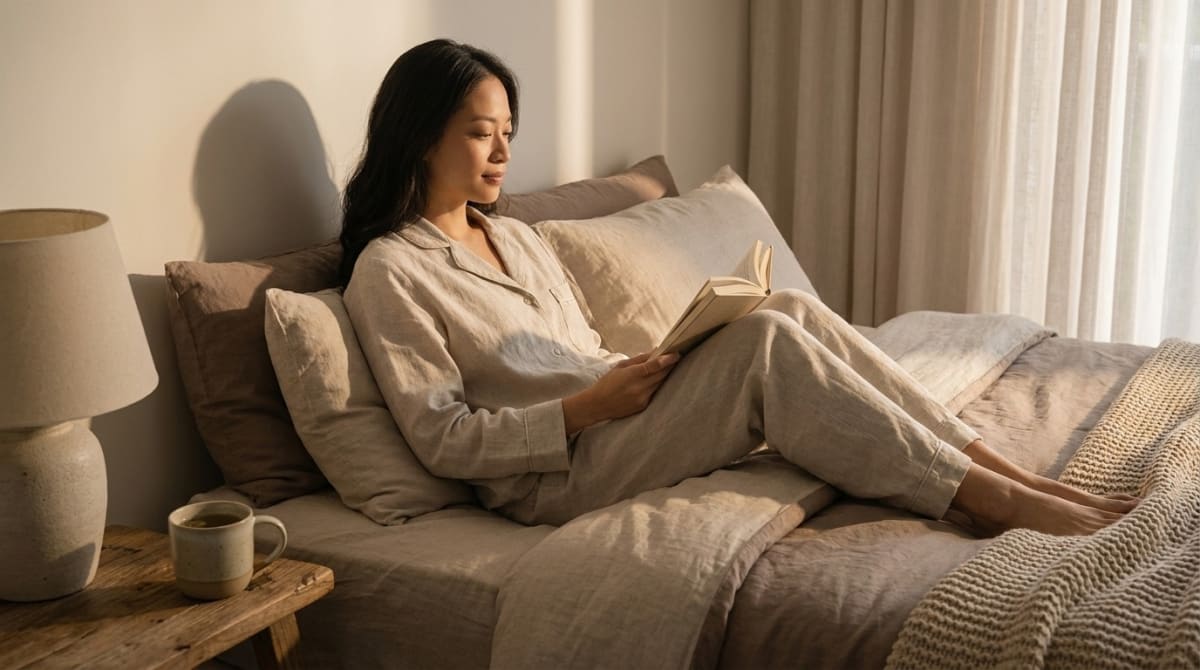 Person winding down with a book in the evening before sleep