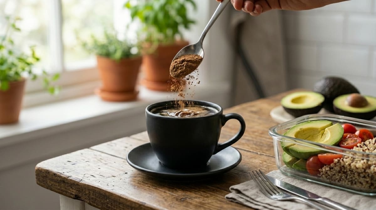A spoonful of mushroom powder dissolving into a liquid