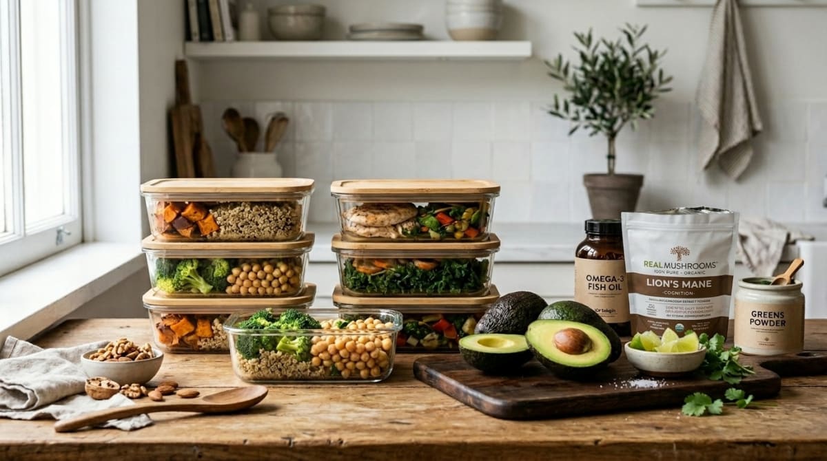A healthy meal prep station with avocados and supplements