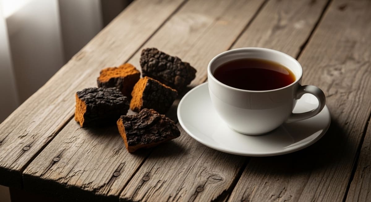 Dark chaga mushroom tea steeping in a ceramic mug on a wooden surface