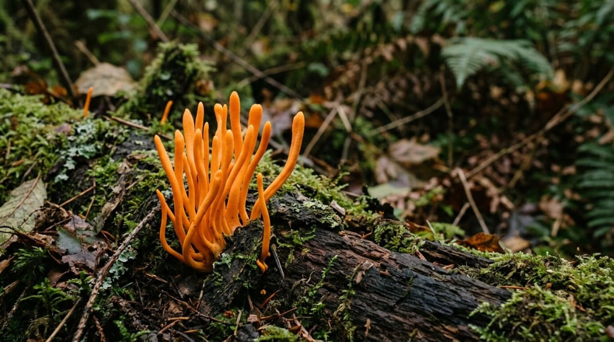 Bright orange cordyceps militaris fungi sprouting upwards on a cultivation substrate