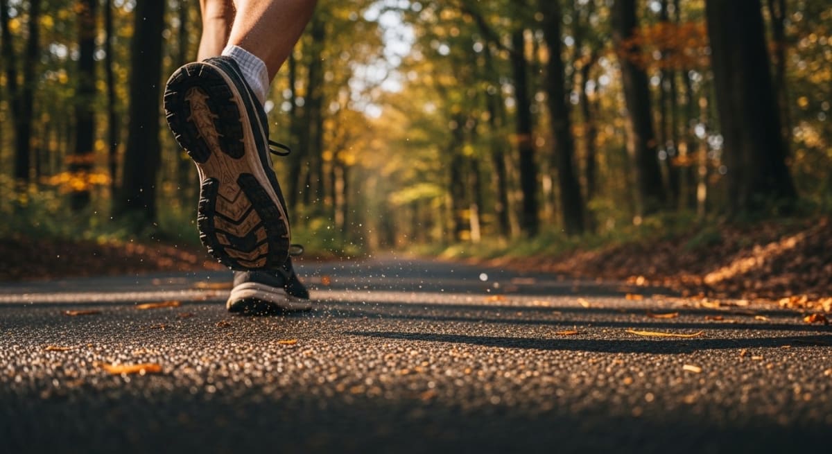 Runner on a mountain trail at sunrise with fog in the valley below