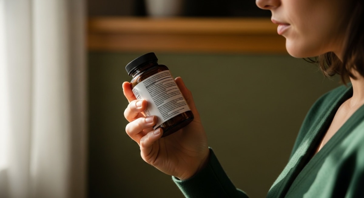 Person reading the back label of a mushroom supplement bottle