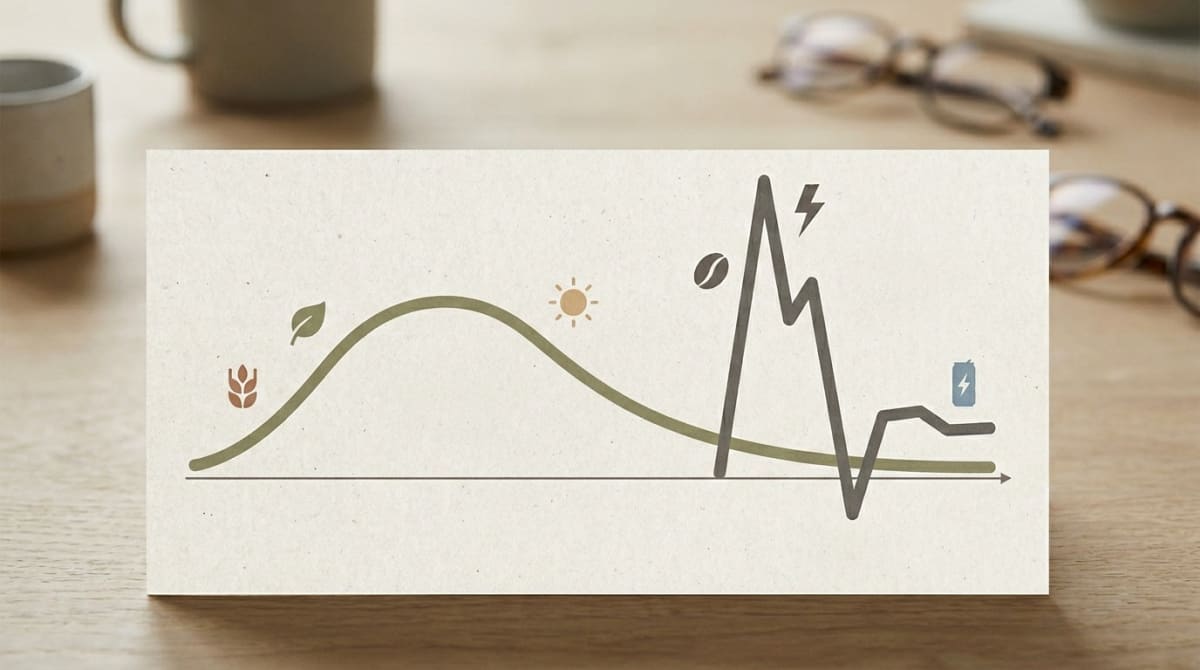 Smooth energy curve from mushroom coffee compared to jagged spike-and-crash pattern of regular coffee