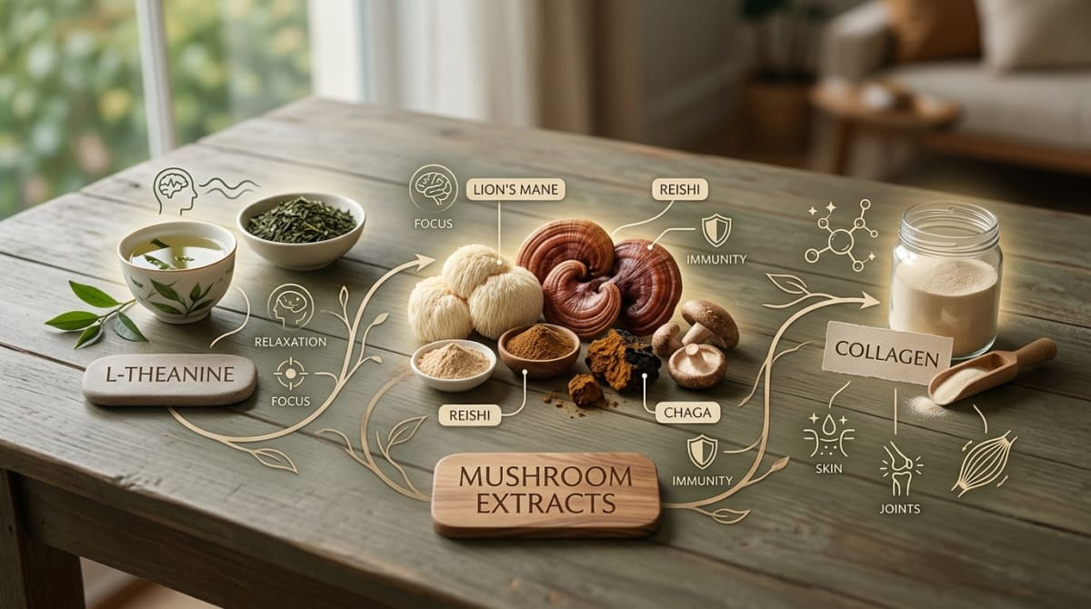 Infographic showing the collagen, L-theanine, and mushroom extract layers in Everyday Dose