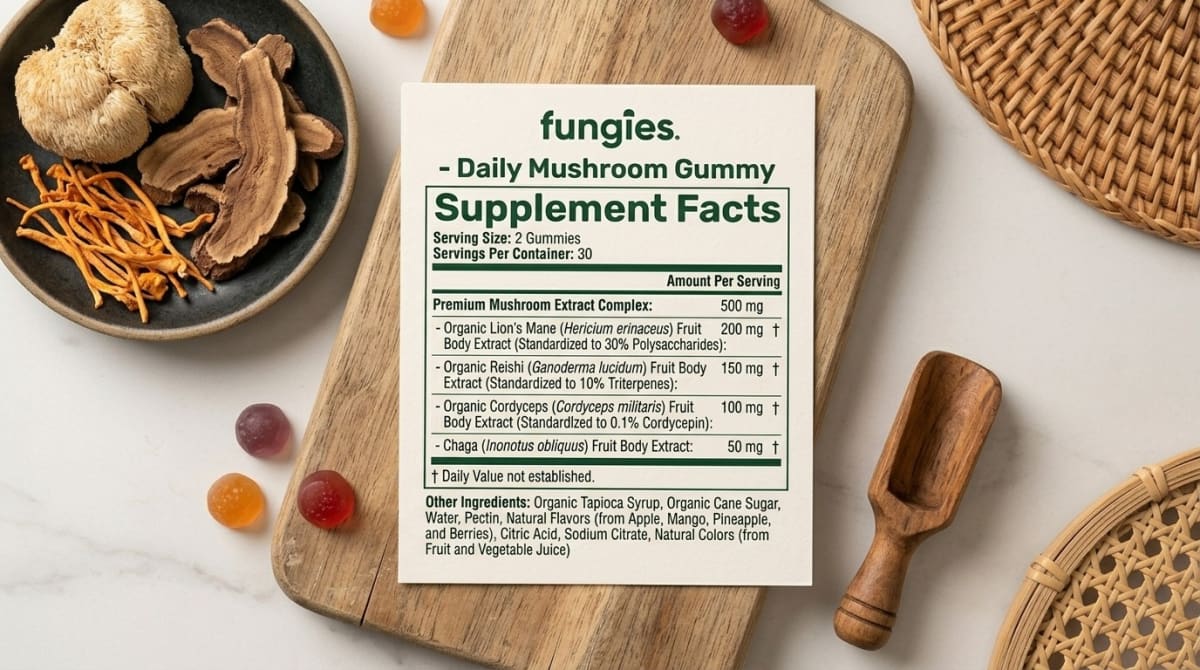 Mushroom supplement gummies spread out on a wooden surface next to a supplement label