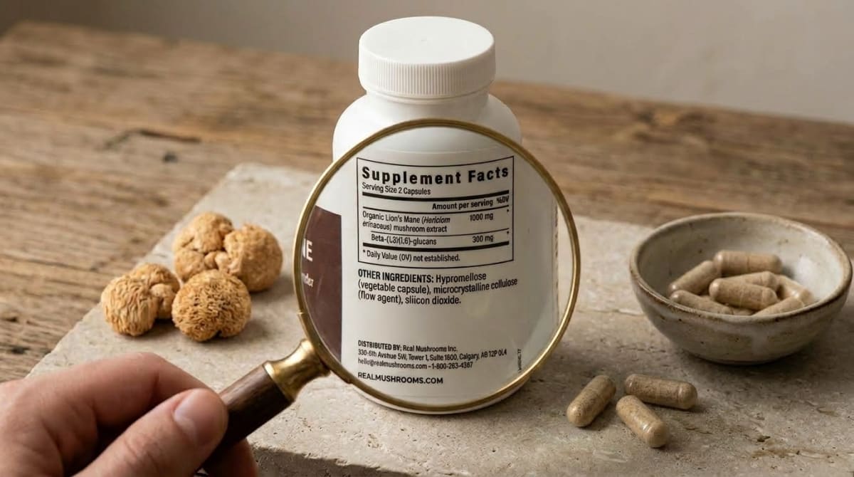 Close-up of a mushroom supplement label showing fruiting body extract and certified organic seal