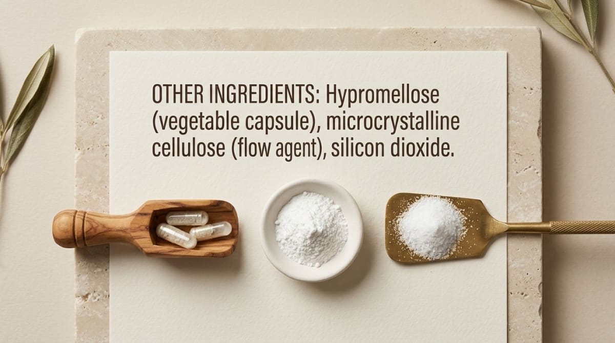 Supplement label with the other ingredients section highlighted, showing starch-based fillers