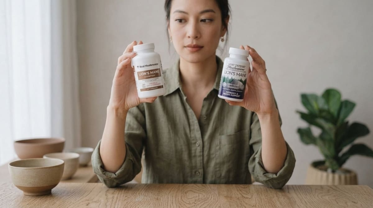 Person comparing two mushroom supplement bottles side by side, reading the back labels