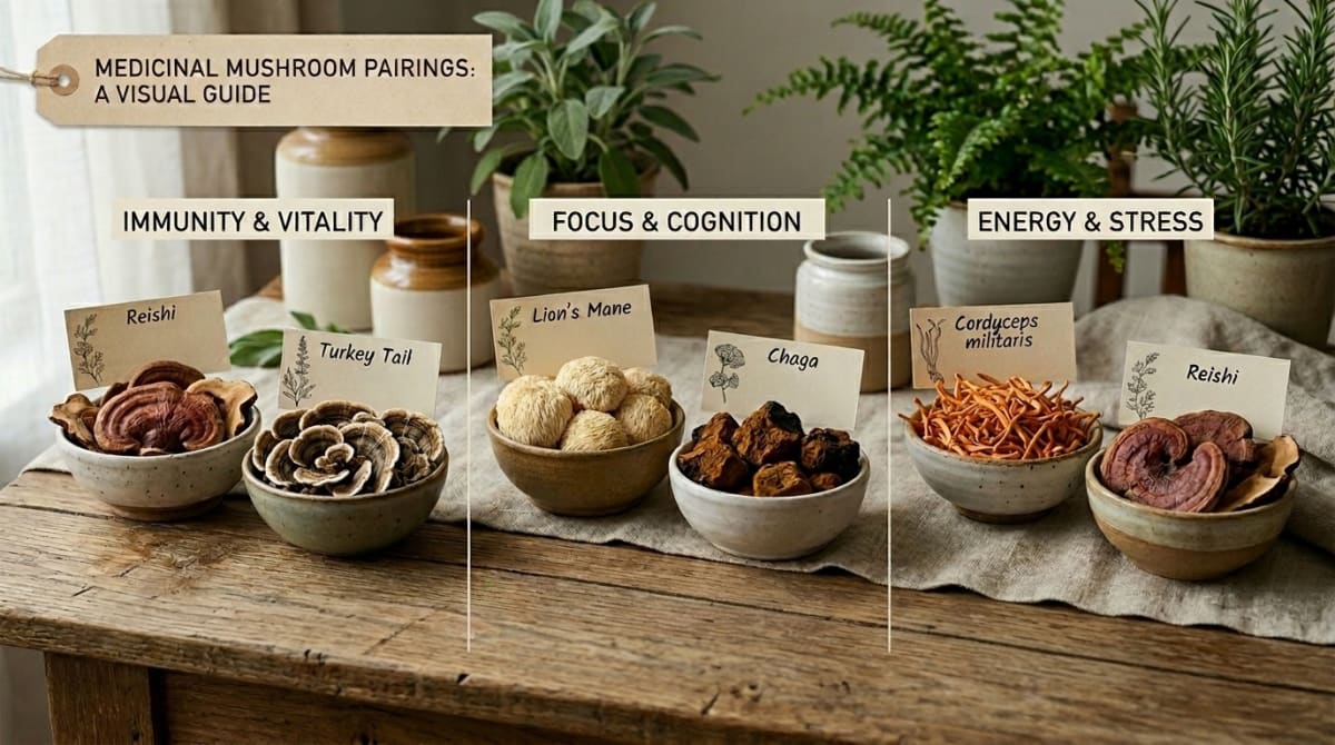Visual guide showing lion's mane and cordyceps powder jars paired together for morning use