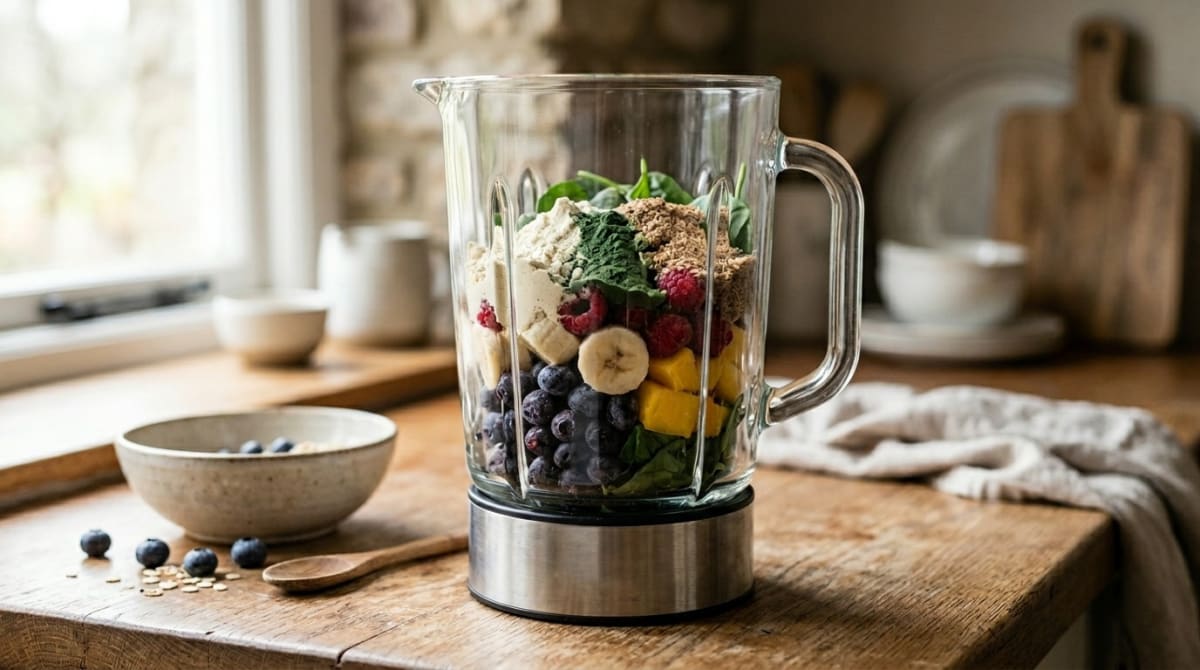 Blender filled with mixed fruits and supplement powders, representing the common mistake of combining everything at once