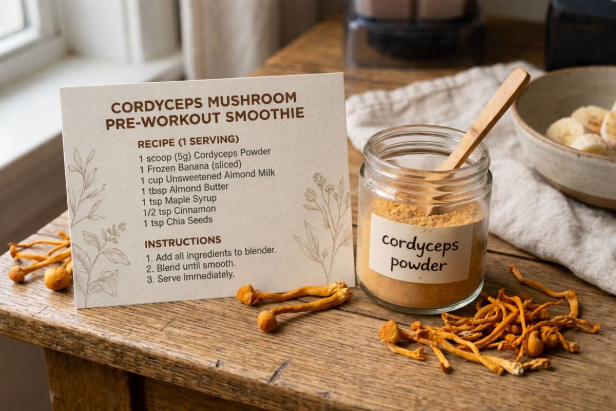 Close-up of cordyceps mushroom supplement capsules next to a gym water bottle