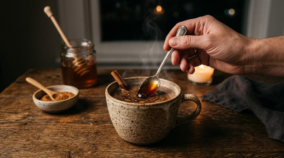 Cinnamon and honey being stirred into a steaming nighttime beverage
