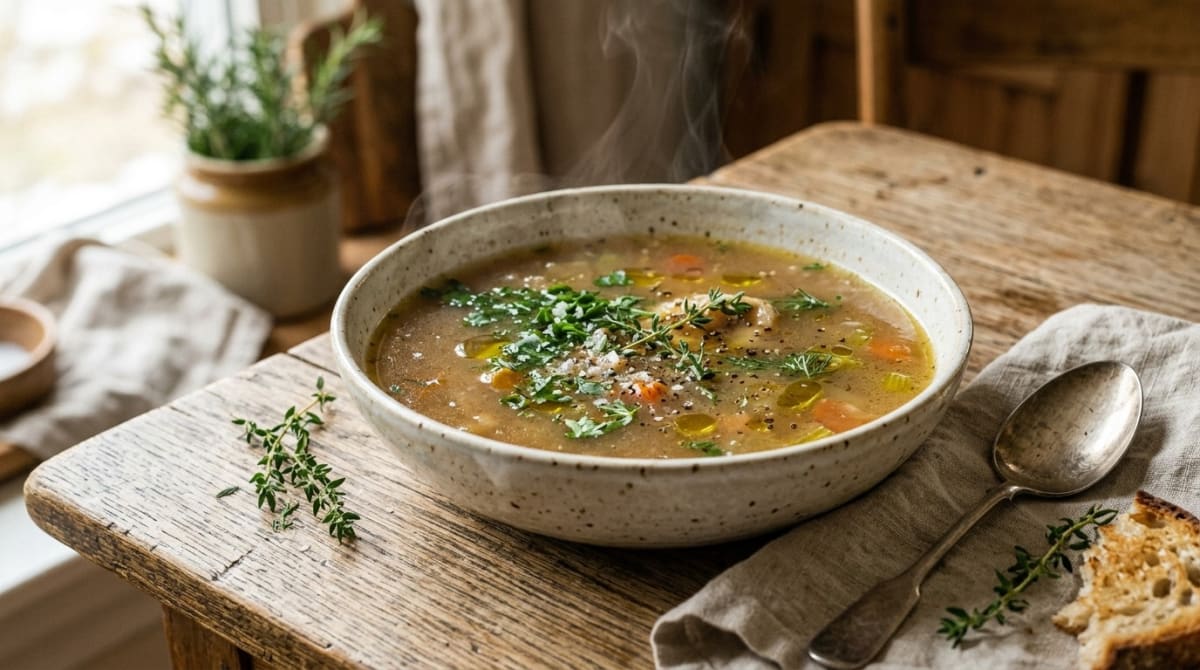 A bowl of hot savory bone broth with fresh herbs for mixing turkey tail powder