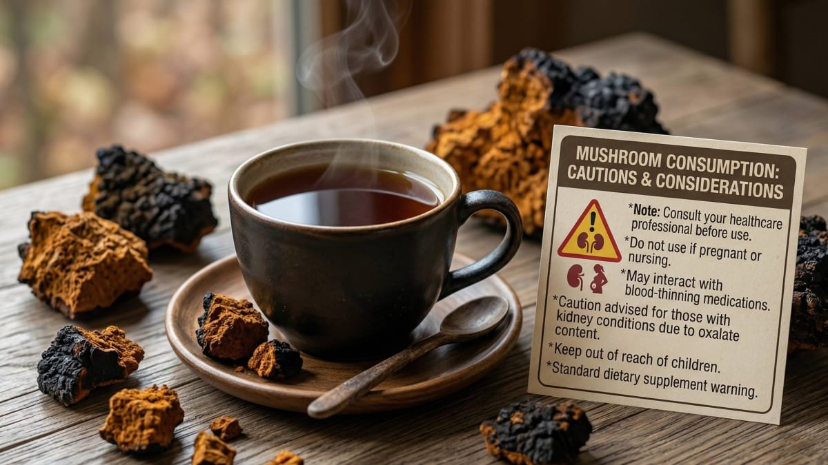 Dark chunks of wild-harvested chaga mushroom on a wooden surface next to a glass of chaga tea