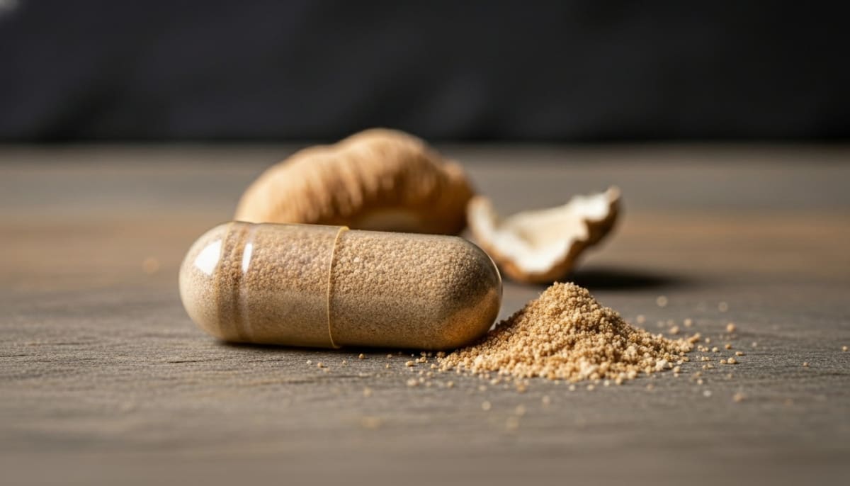 Lion's mane mushroom supplement capsules next to a glass of water and breakfast