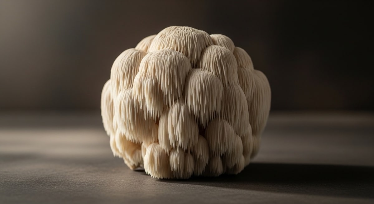 Lion's mane mushroom extract powder next to a glass of water on a wooden desk