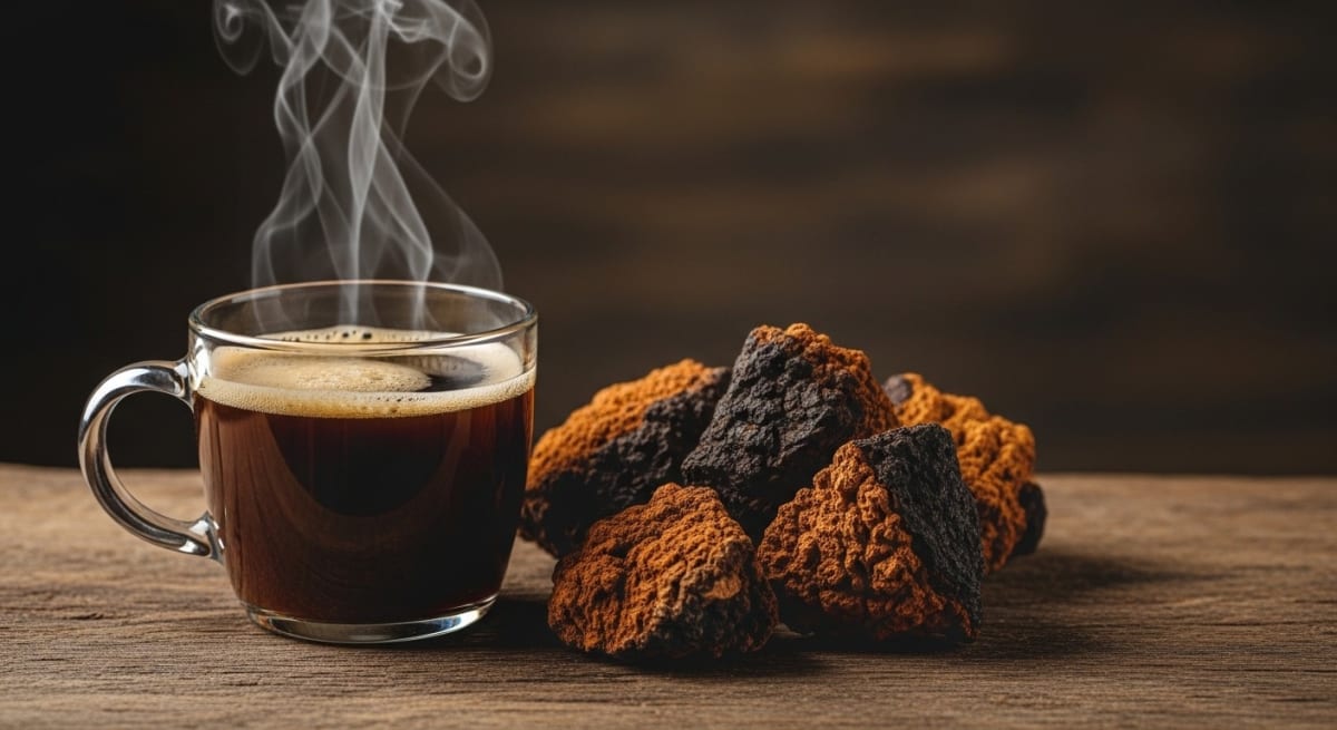 Two cups of coffee side by side, one standard black coffee and one mushroom coffee blend with earthy tones