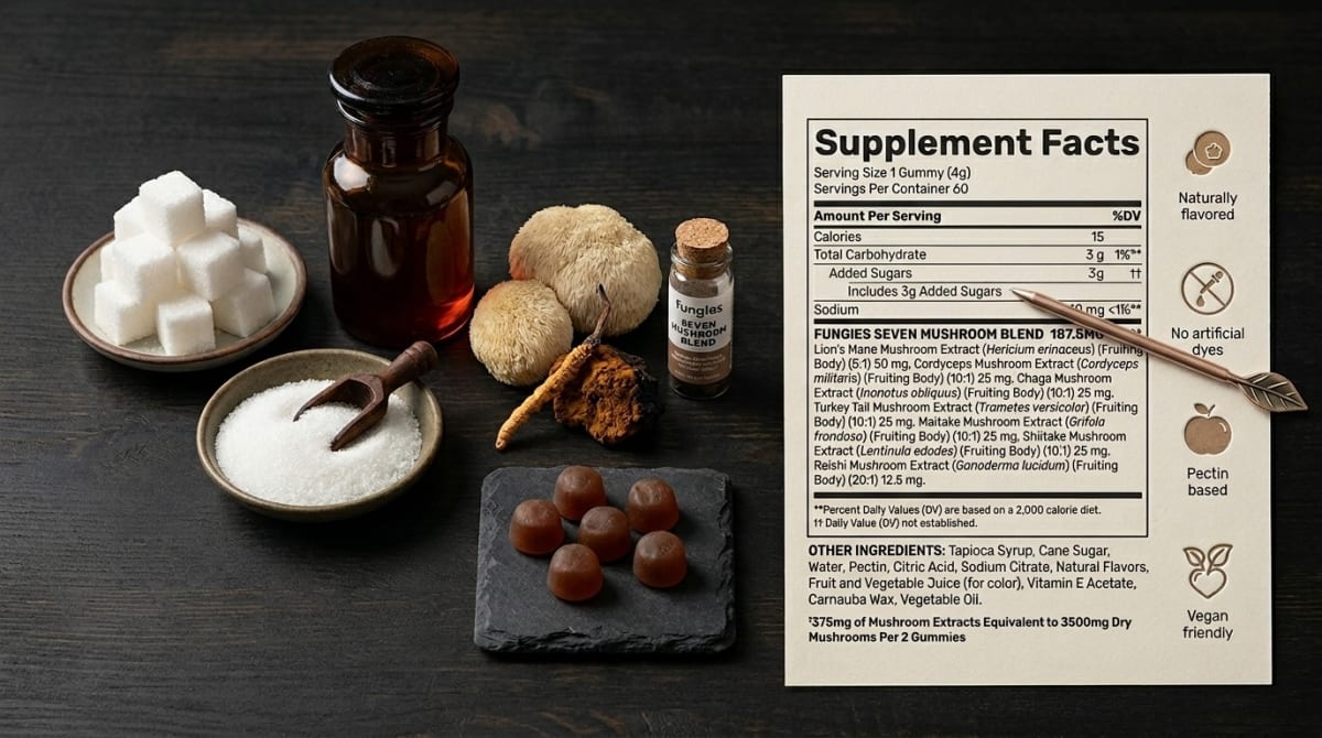 A mushroom gummy supplement label highlighting artificial sugar alcohol ingredients like maltitol and erythritol