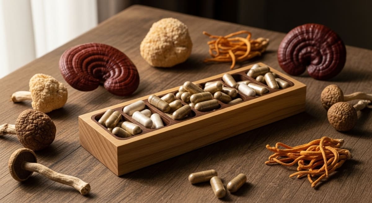Four mushroom extract powders arranged on a wooden surface showing a morning and evening stacking routine