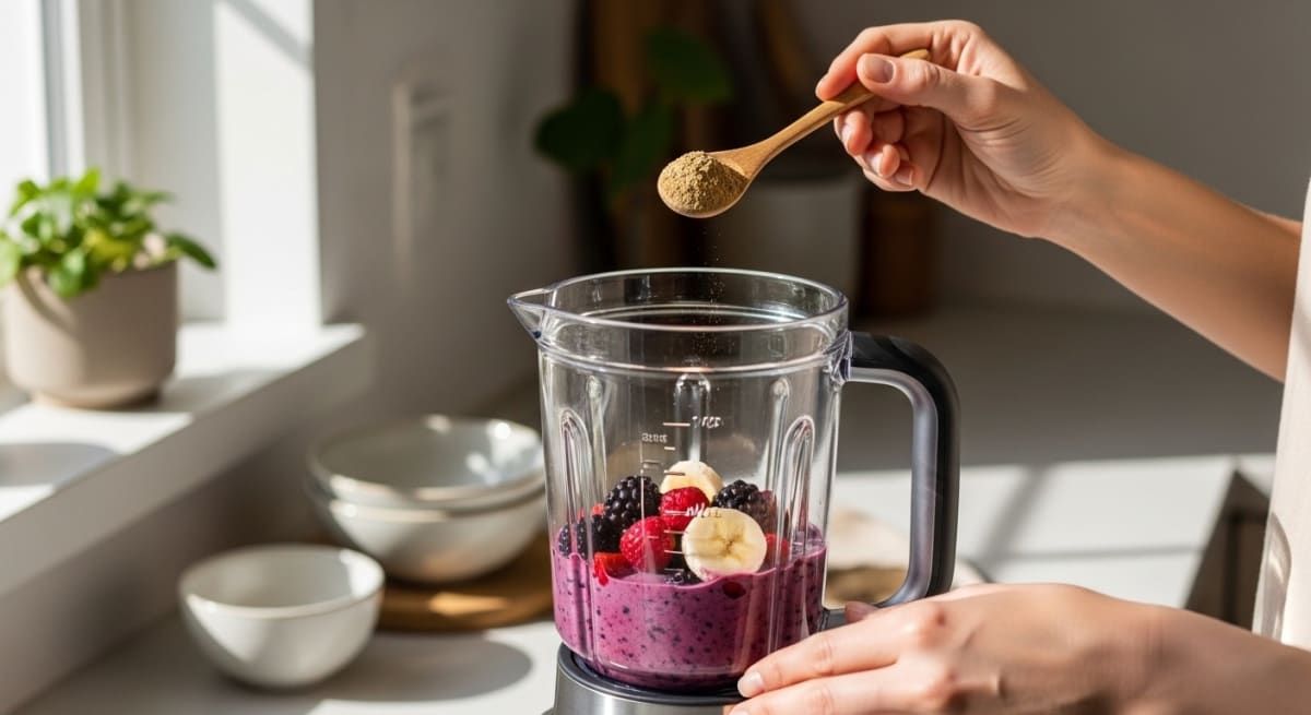 Side-by-side comparison of a mushroom tincture dropper bottle and a bag of extract powder on a wooden surface