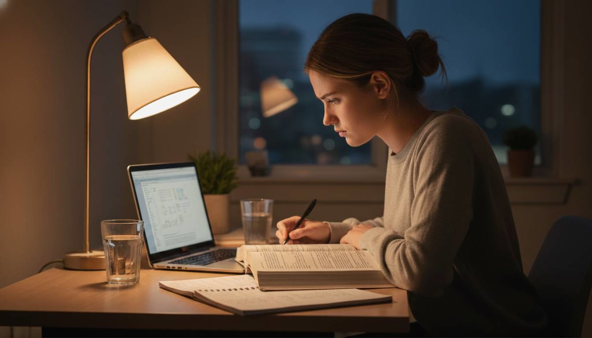 Student studying at a desk with mushroom supplement capsules and a glass of water nearby