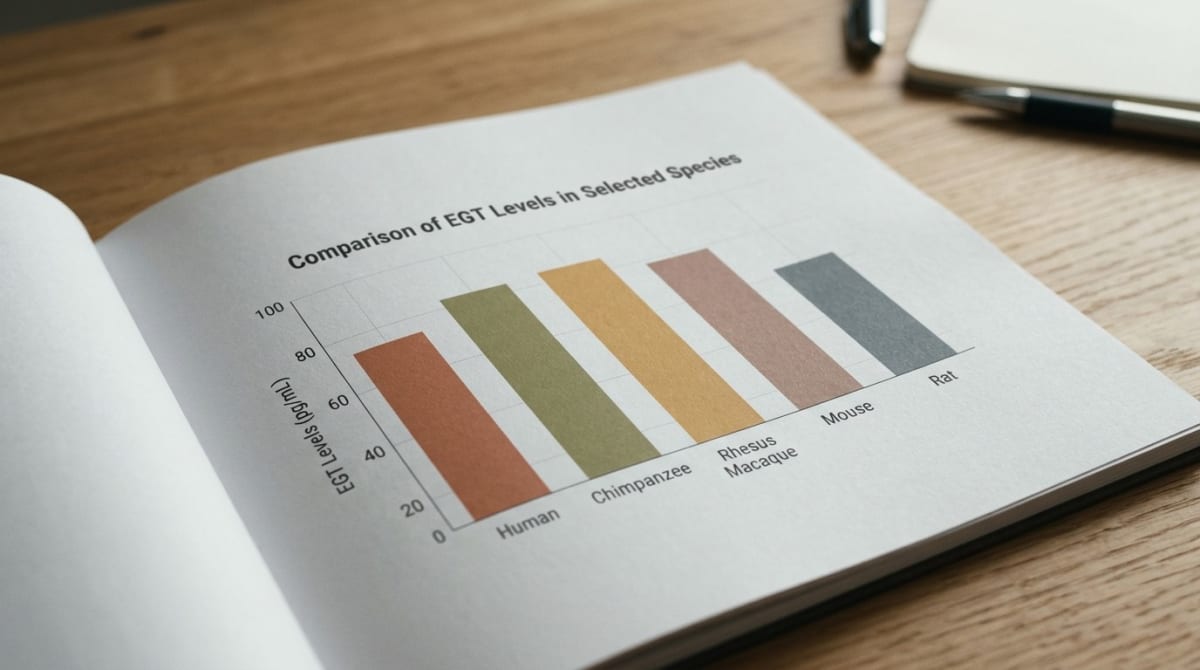 Illustrative bar chart on an open notebook comparing ergothioneine levels across species