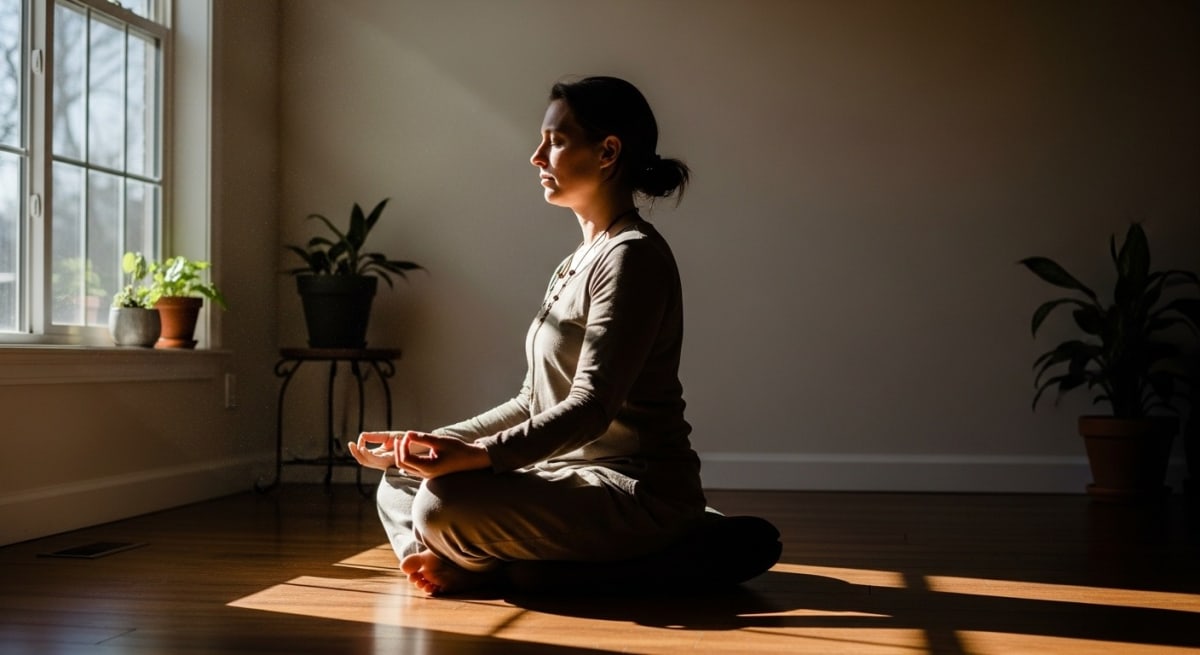 Person meditating peacefully in a sunlit room