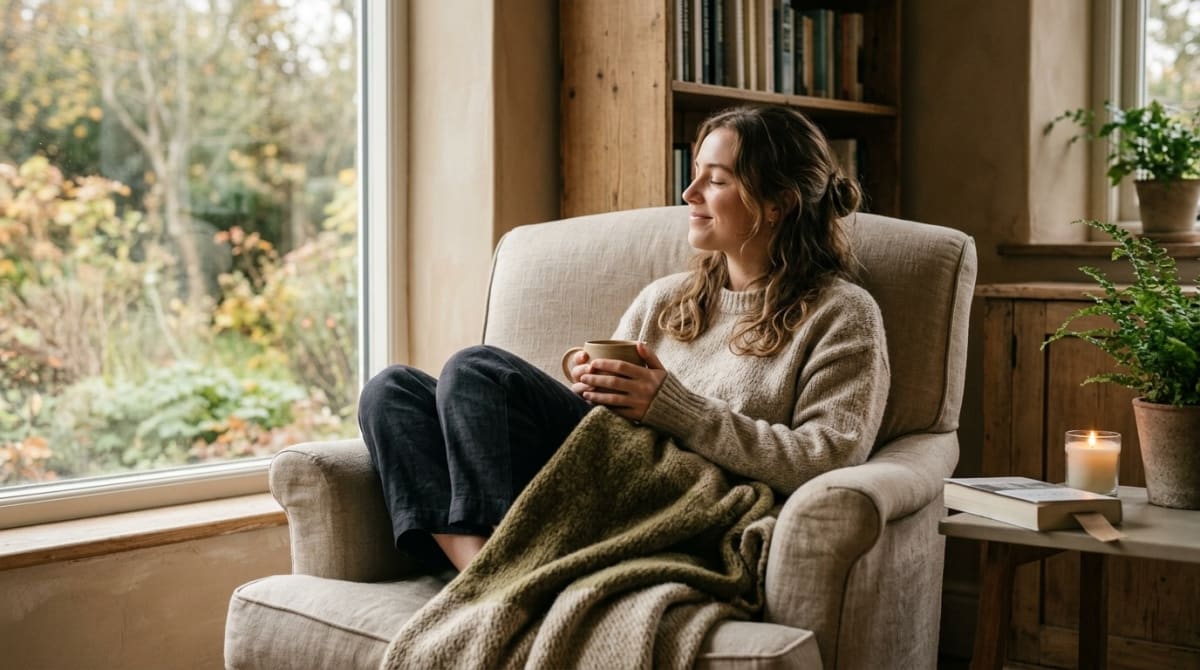 A person sitting in a cozy chair looking peaceful and relaxed