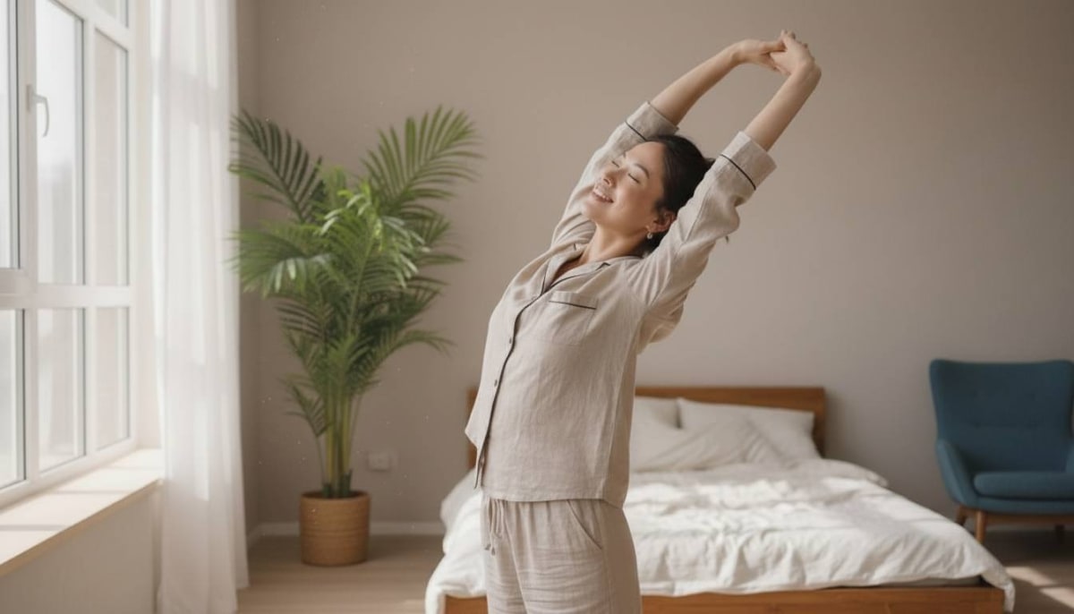 Morning alarm clock next to a melatonin pill bottle and a cup of reishi tea, showing the contrast between synthetic versus natural sleep approaches