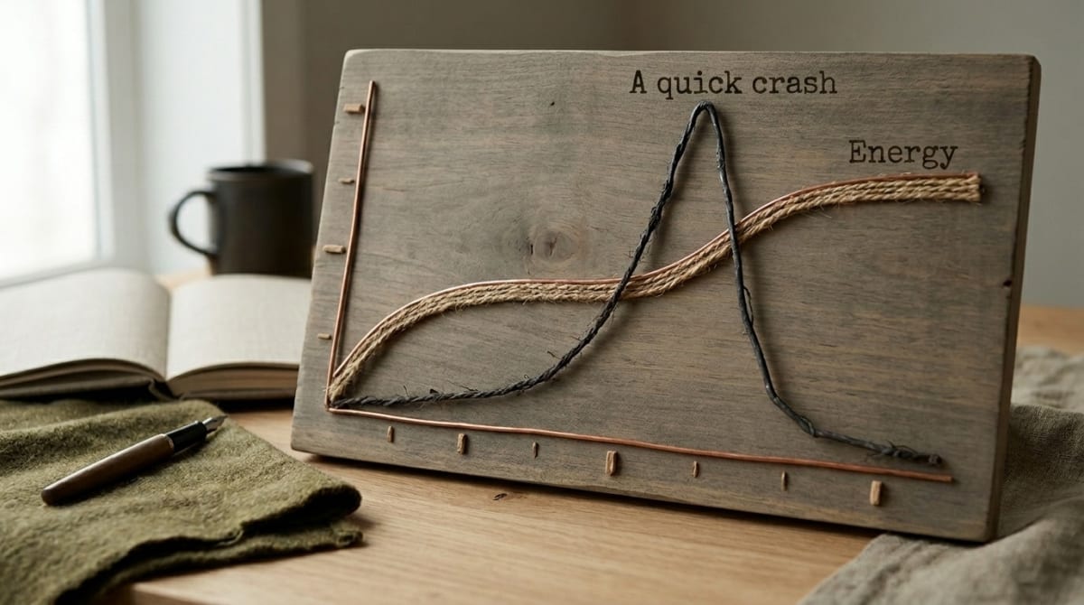 Graph comparing sustained energy curve from cordyceps and caffeine stack versus a typical caffeine crash