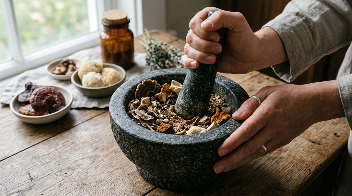 Mortar and pestle grinding a diverse mix of medicinal mushrooms including reishi, chaga, and turkey tail