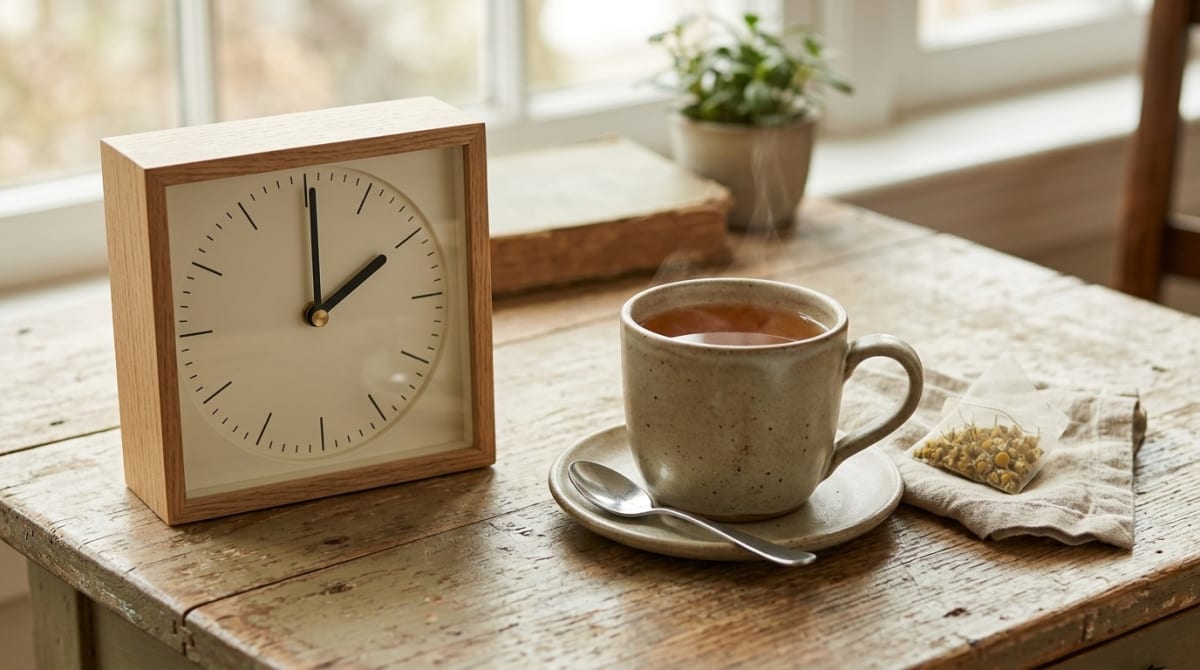 Clock showing 2 PM next to a caffeine-free mushroom beverage