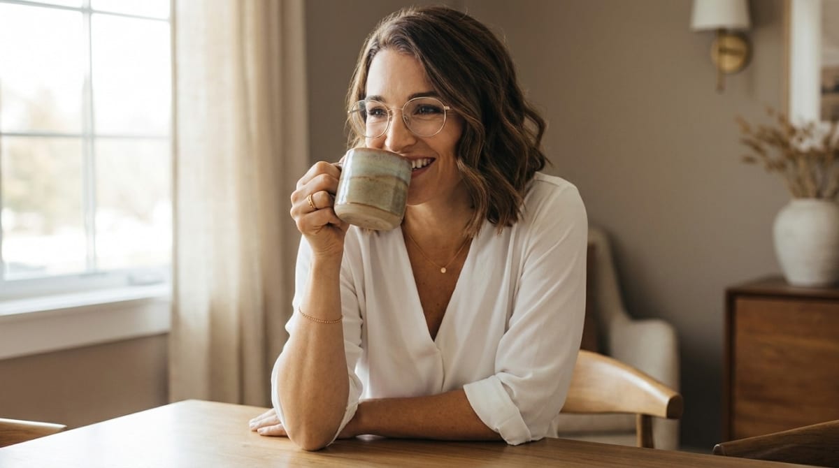 Person holding a mug of Four Sigmatic mushroom coffee at a desk while working