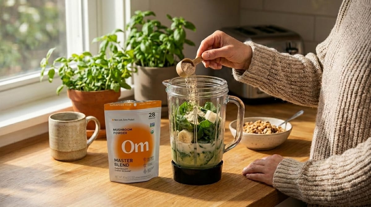 Om Master Blend powder mixed into a morning smoothie
