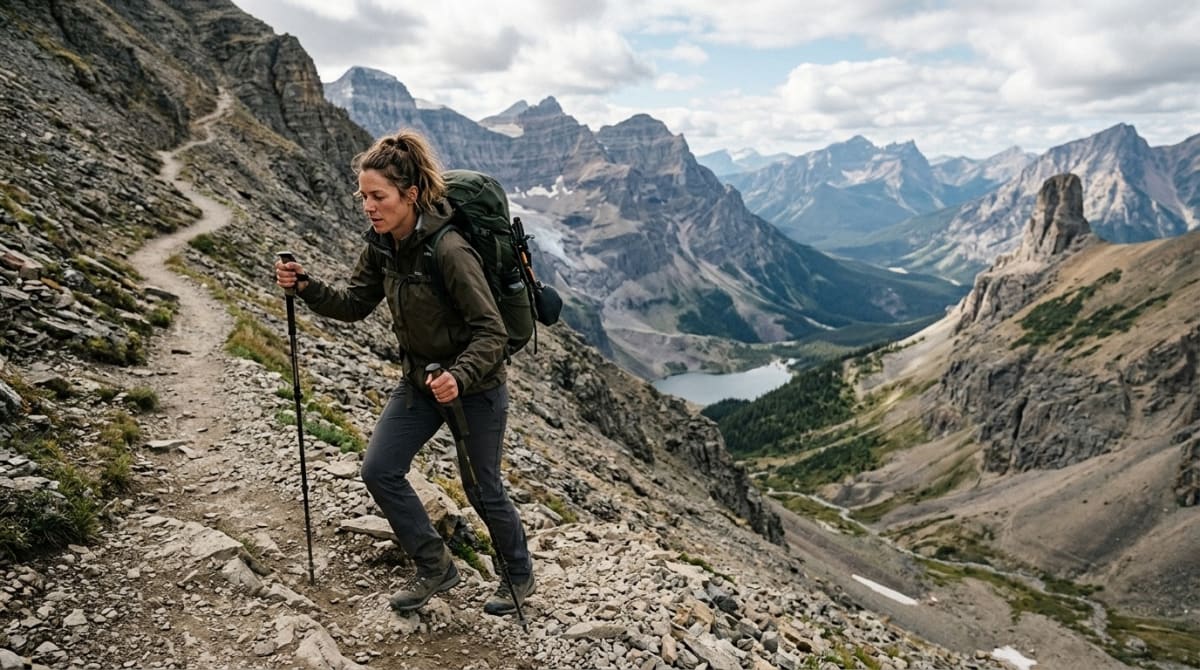 A person hiking vigorously up a steep mountain trail