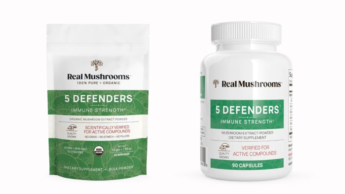Real Mushrooms 5 Defenders capsules and powder