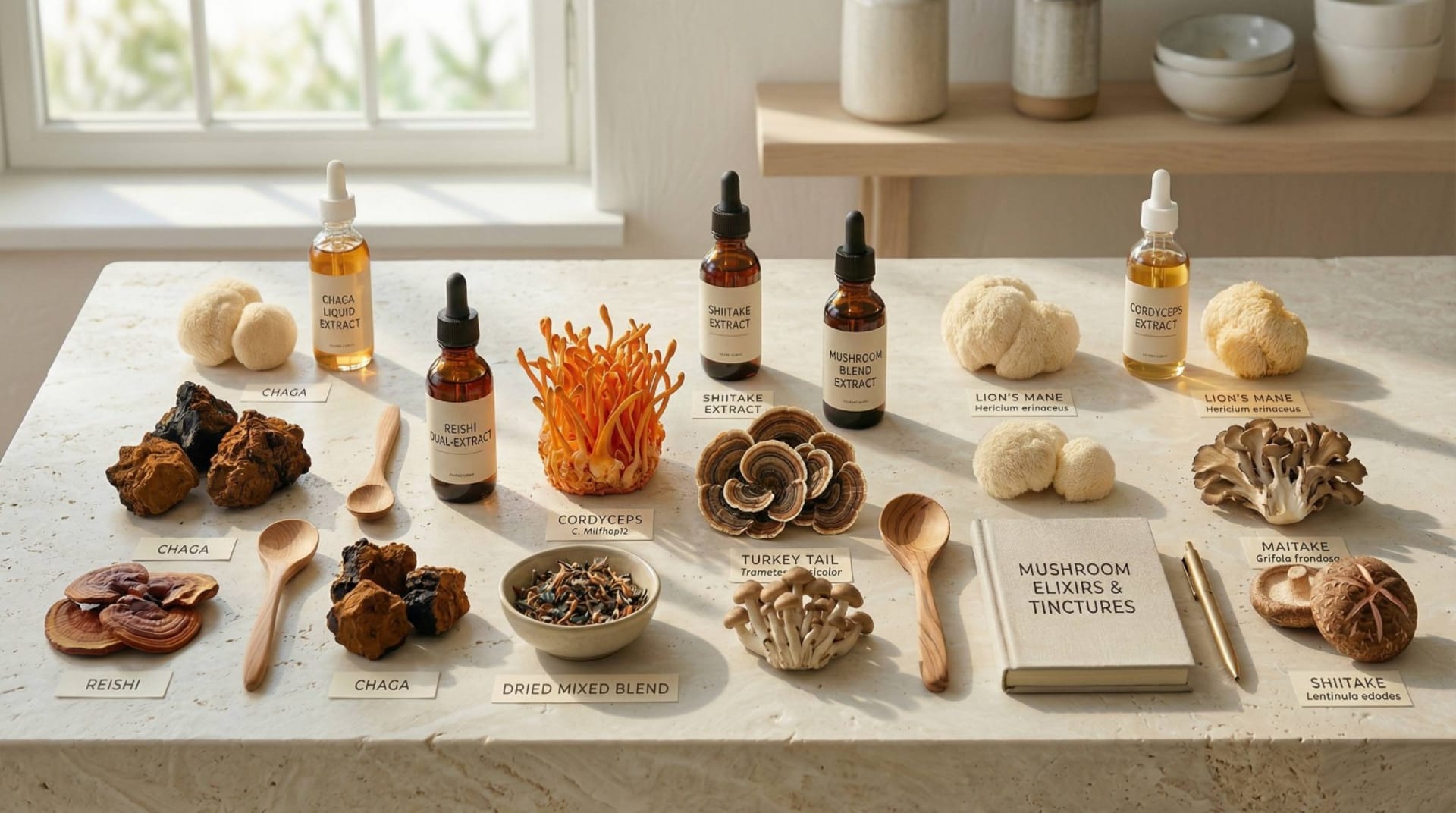 Mushroom supplements and tinctures including Lion's Mane, Reishi, Cordyceps, Chaga, and Turkey Tail