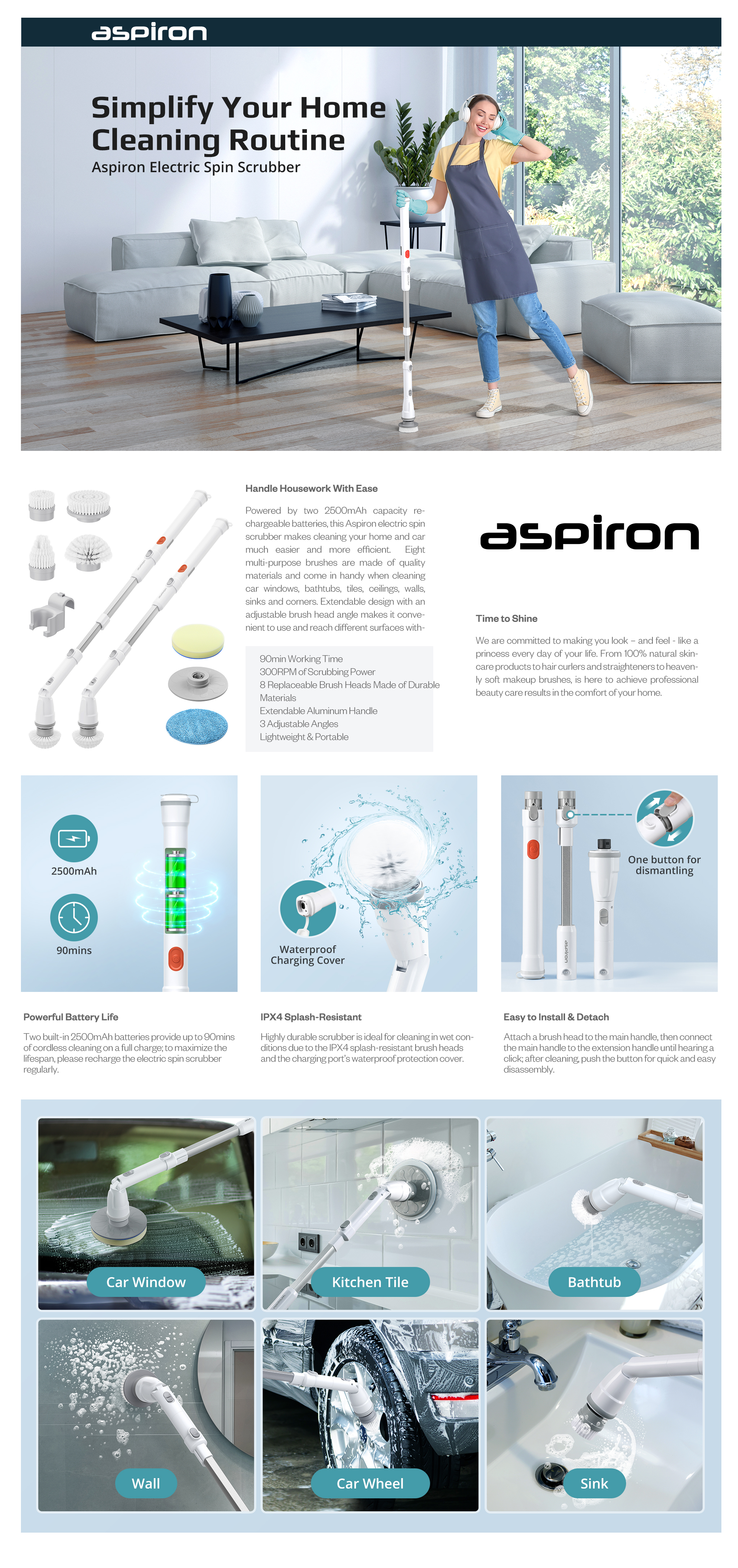 Aspiron Flexible Angle Adjustment Cordless Electric Spin Scrubber