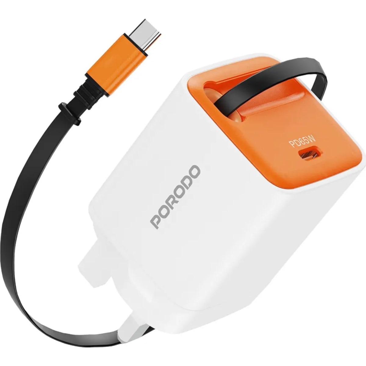 Porodo Tezpatro 65W GaN Charger with Retractable USB-C – White/Orange – photo 1 of 2
